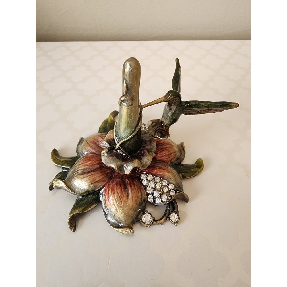 NIB Hummingbird Ring Holder Crystal Enamel Flowers Metal Jewelry Decor Vtg - Picture 12 of 12